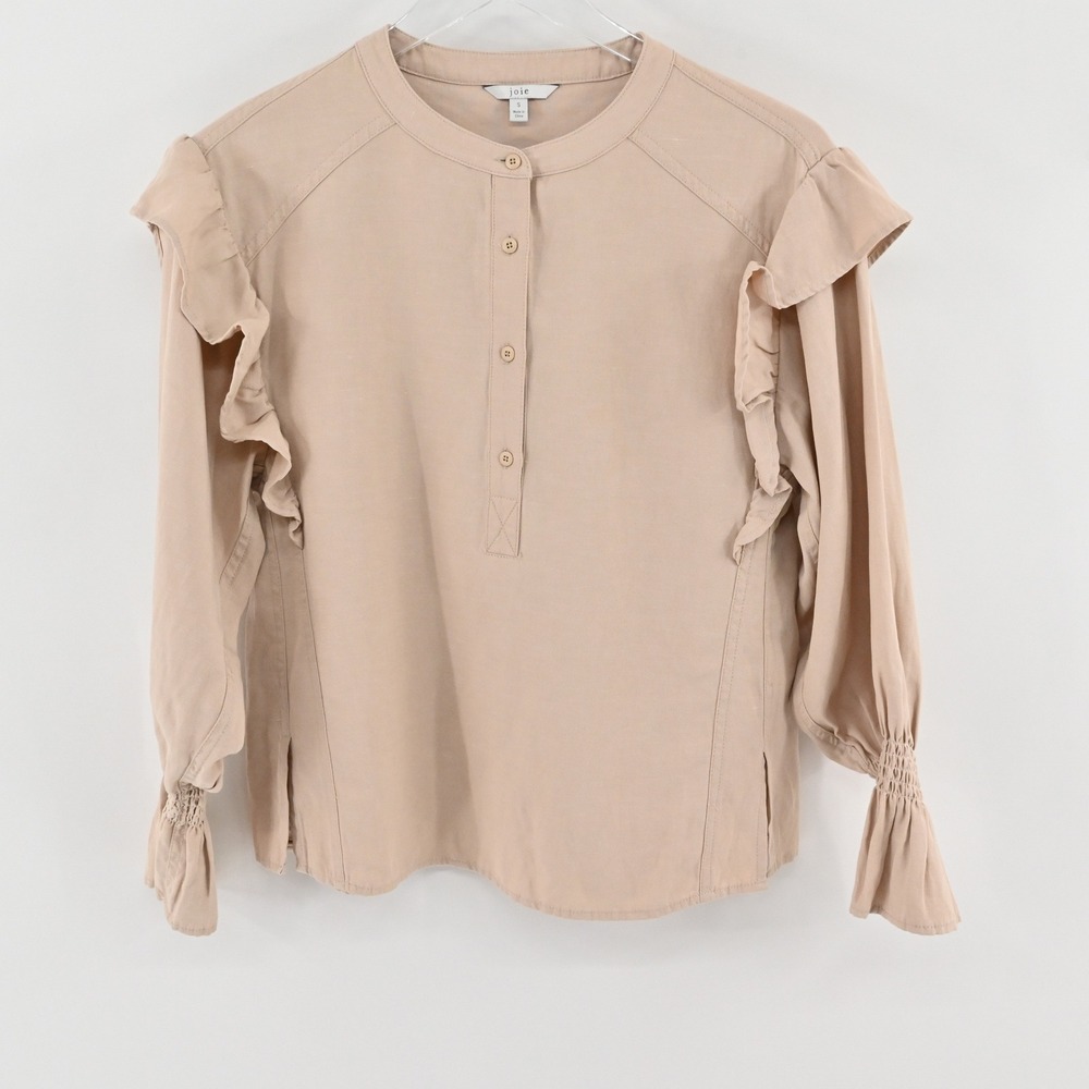 Joie Ruffle Shoulder Smocked Cuff Blouse Womens Size‎ S Tan Linen Blend Boho Top